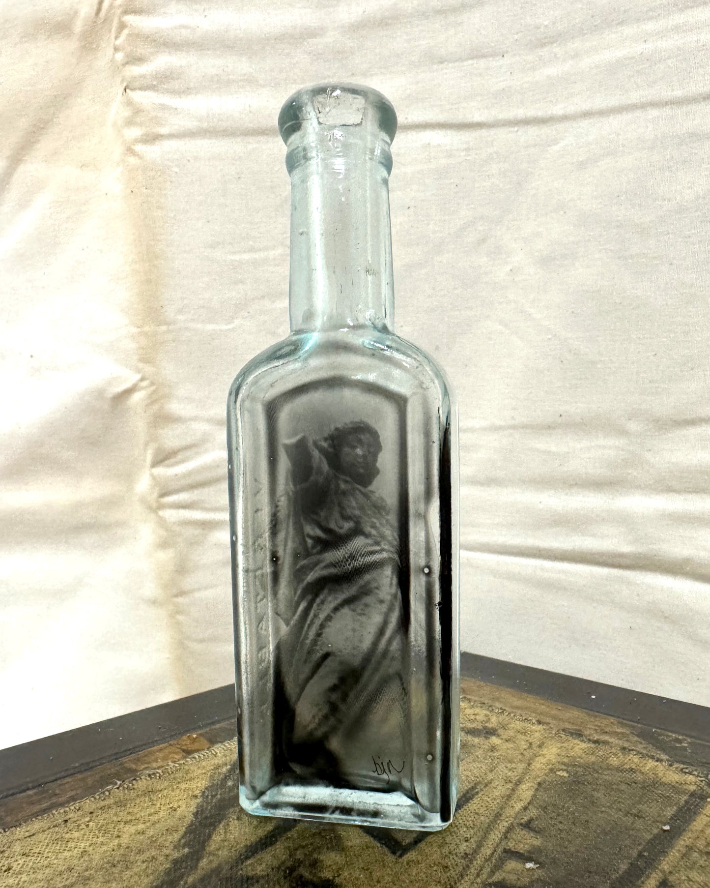 Babs Hand-printed "Greenwood Angel" Vintage Bottle Art