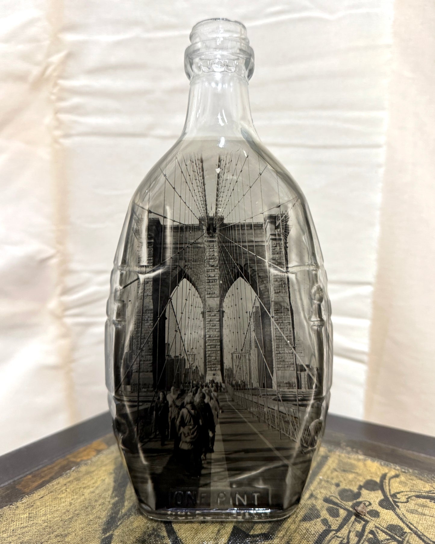 Babs Hand-printed "Brooklyn Bridge" Vintage Bottle Art