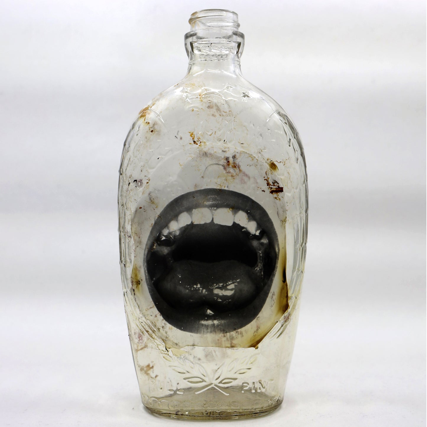 Babs Hand-printed 'Big Mouth" Embossed Eagle Vintage Bottle Art