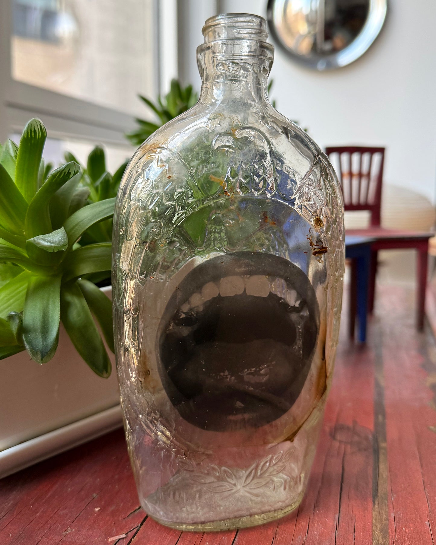 Babs Hand-printed 'Big Mouth" Embossed Eagle Vintage Bottle Art