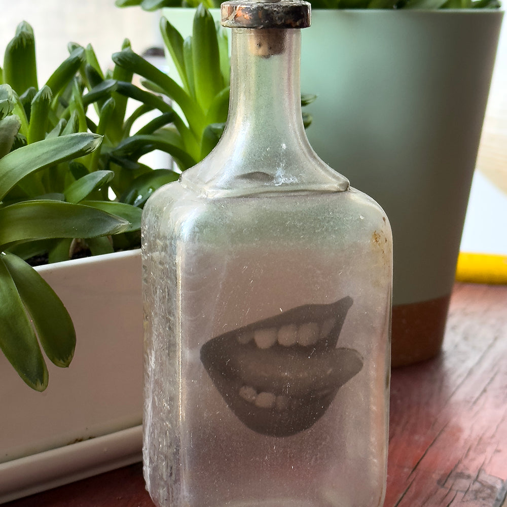 Babs Hand-printed Ladies Mouth, 'Lick It' Vintage Bottle Art