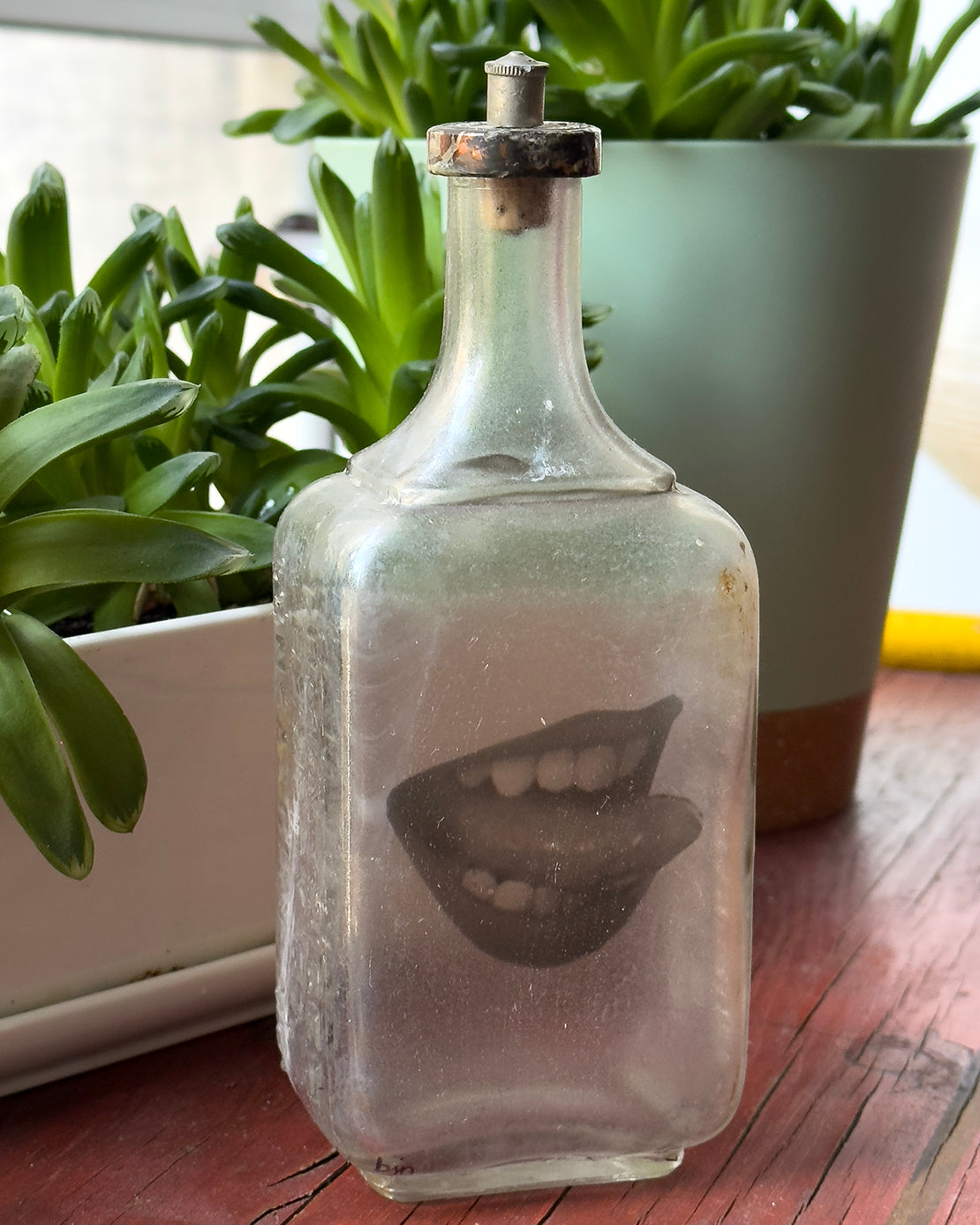 Babs Hand-printed Ladies Mouth, 'Lick It' Vintage Bottle Art