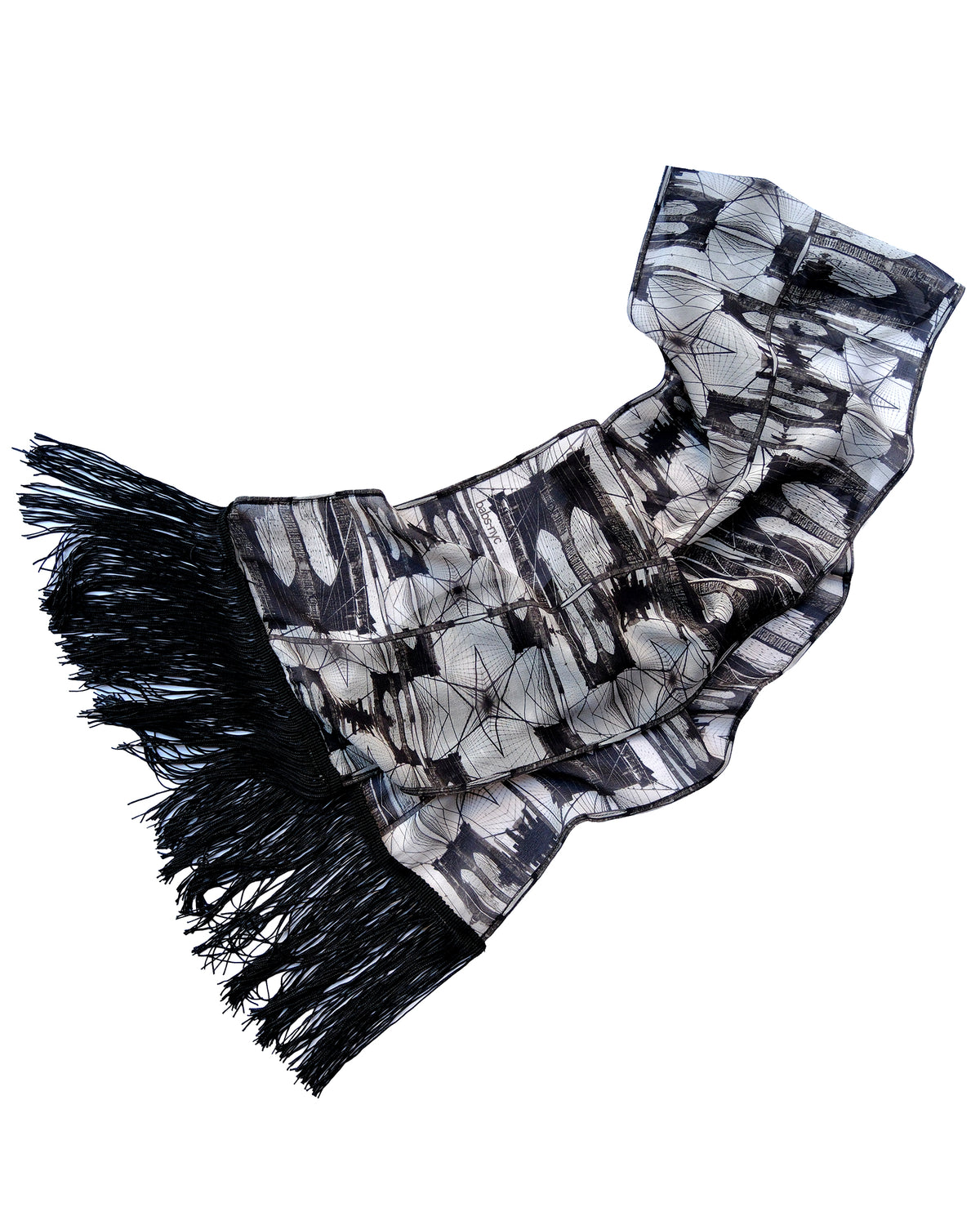 Brooklyn Bridge collage silk georgette scarf in black and white with black fringe, 8.5 x 71 inches, by Babs Boutique NYC