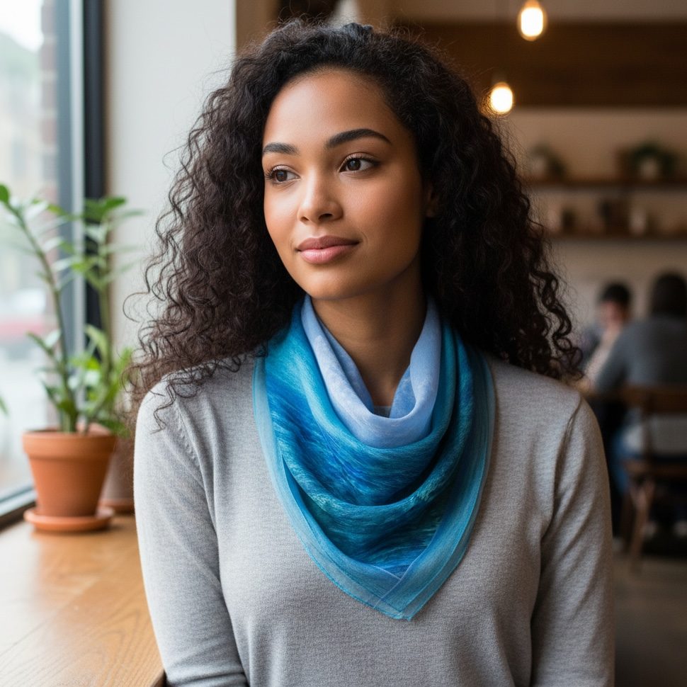 Silk 26 Inch Square Scarf - Ocean And Sky - Blues and Teal
