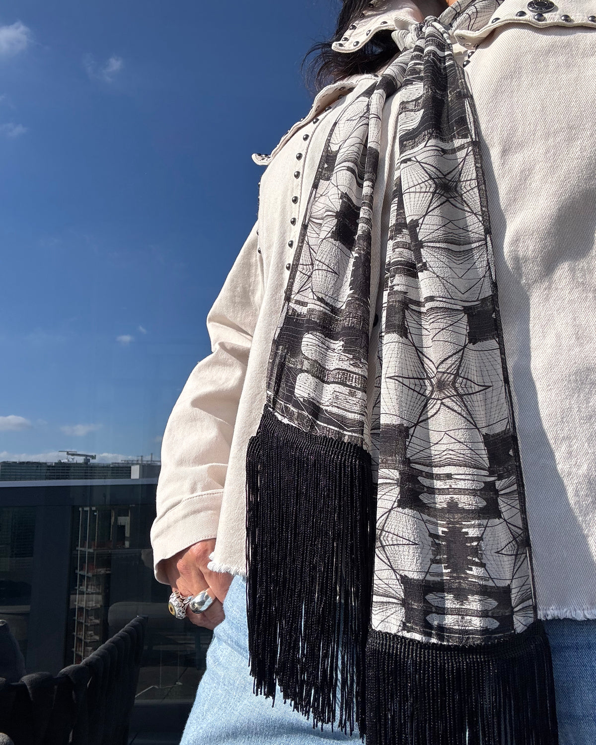 Brooklyn Bridge collage silk georgette scarf in black and white with black fringe, 8.5 x 71 inches, by Babs Boutique NYC – view 2