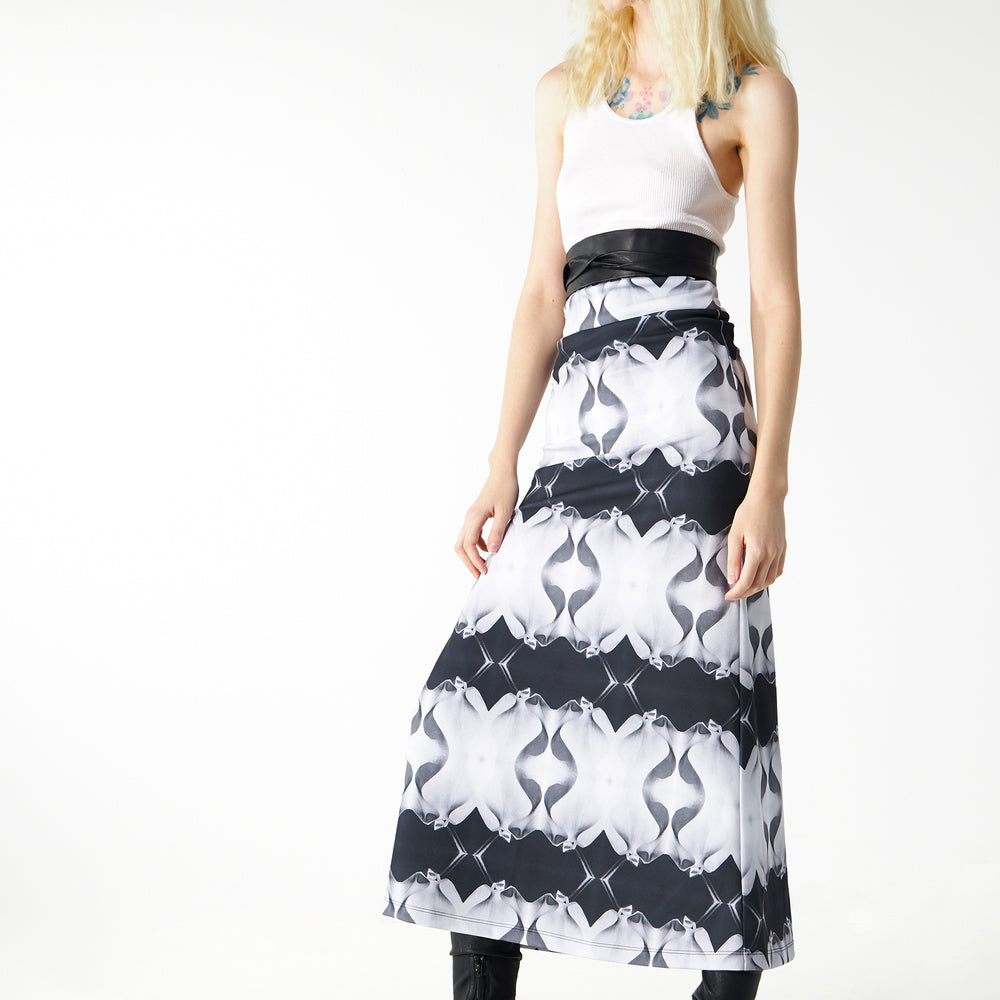 
                  
                    Babs Body-Hugging Midi Skirt - Black/White Stone Man Print Design
                  
                