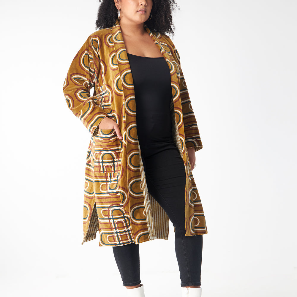 
                  
                    Babs Lush Velvet Robe - Golden Retro Block Print
                  
                